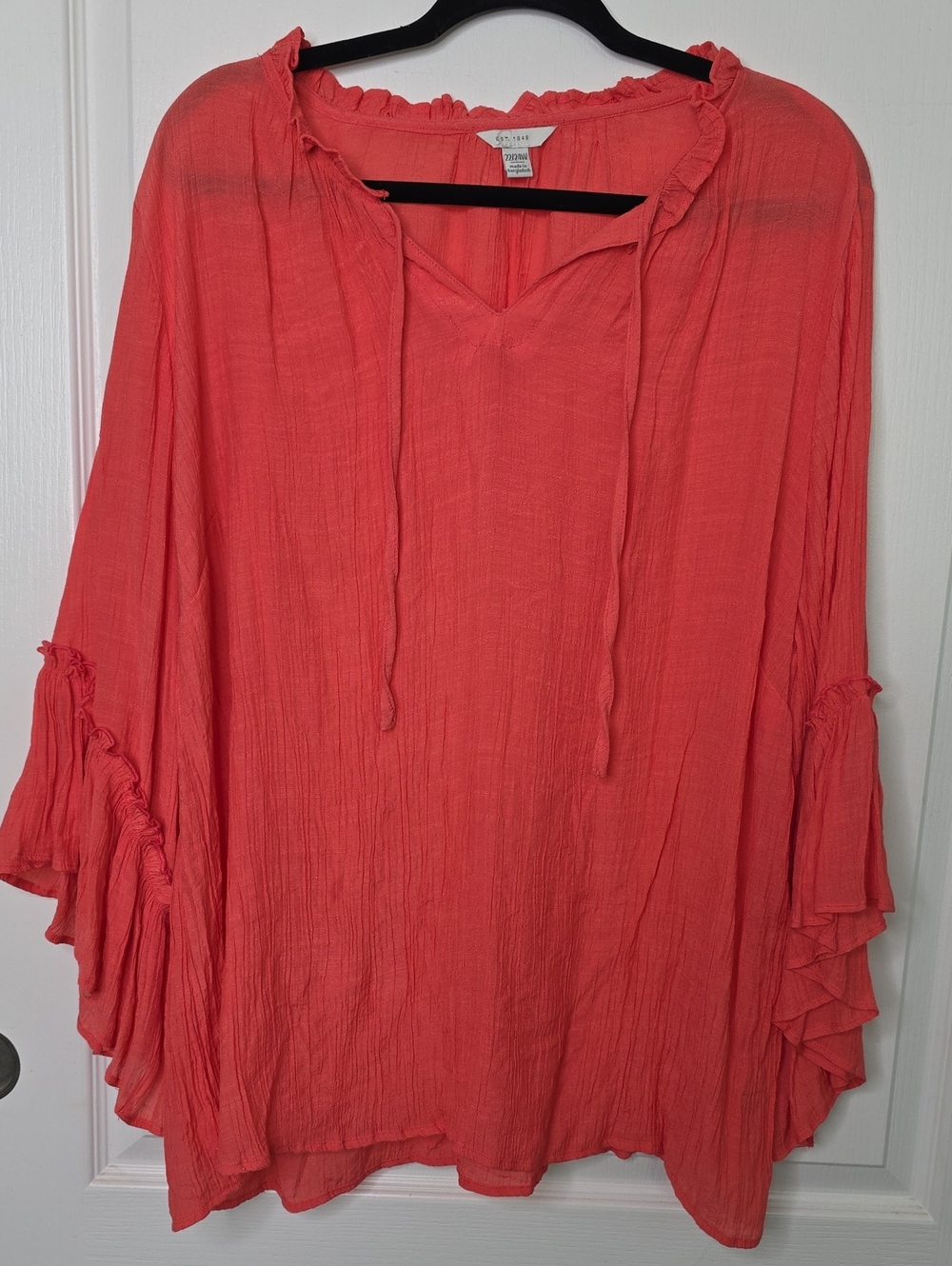 Woven Coral Ruffle Tie-Neck Peasant Blouse